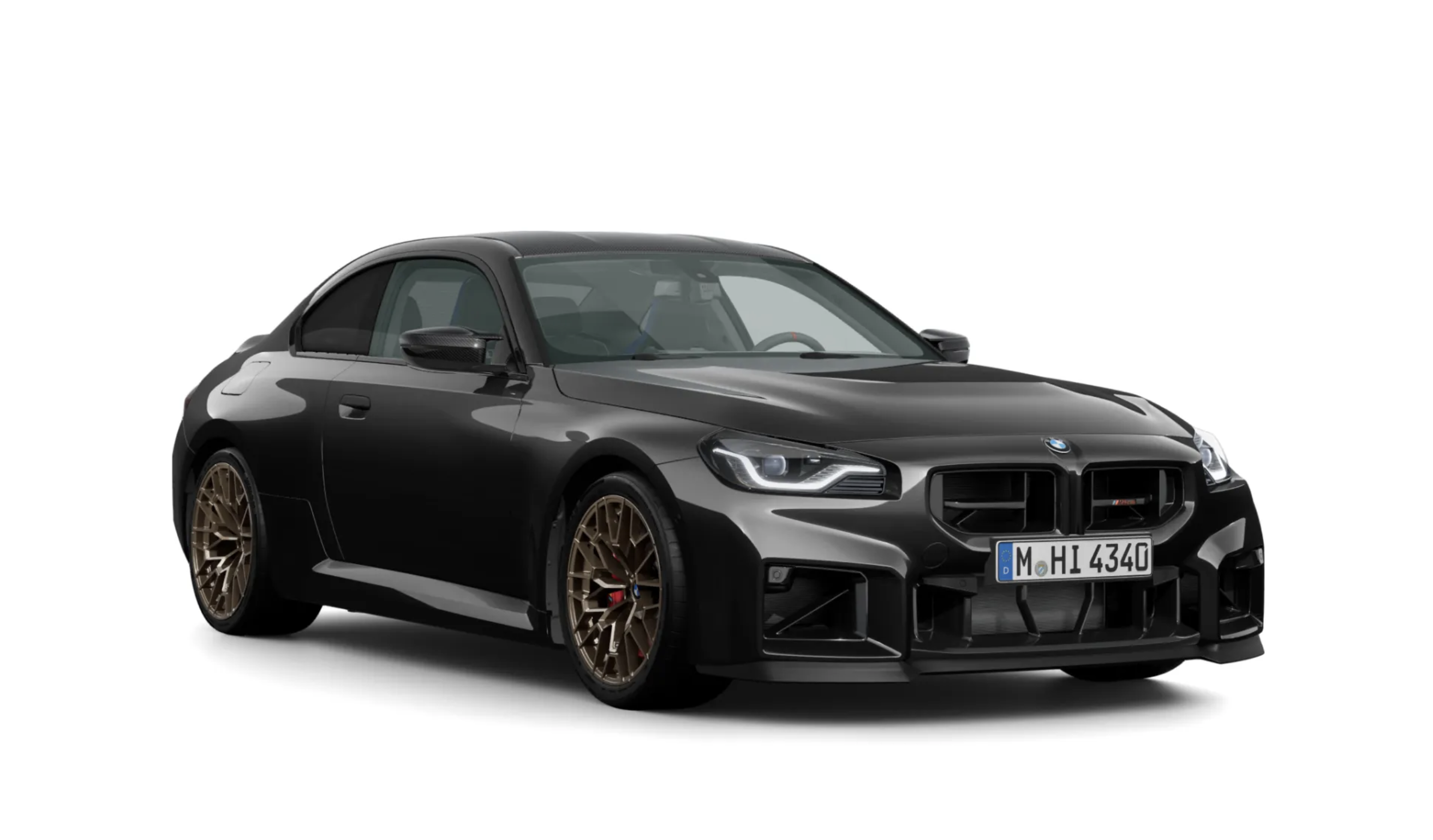 BMW M2 CS 2025 v metalickém laku Black Sapphire – přední pohled na sportovní vůz s karbonovou střechou a 530 koňmi. Nyní dostupné k online objednání přes AUTOiBUY